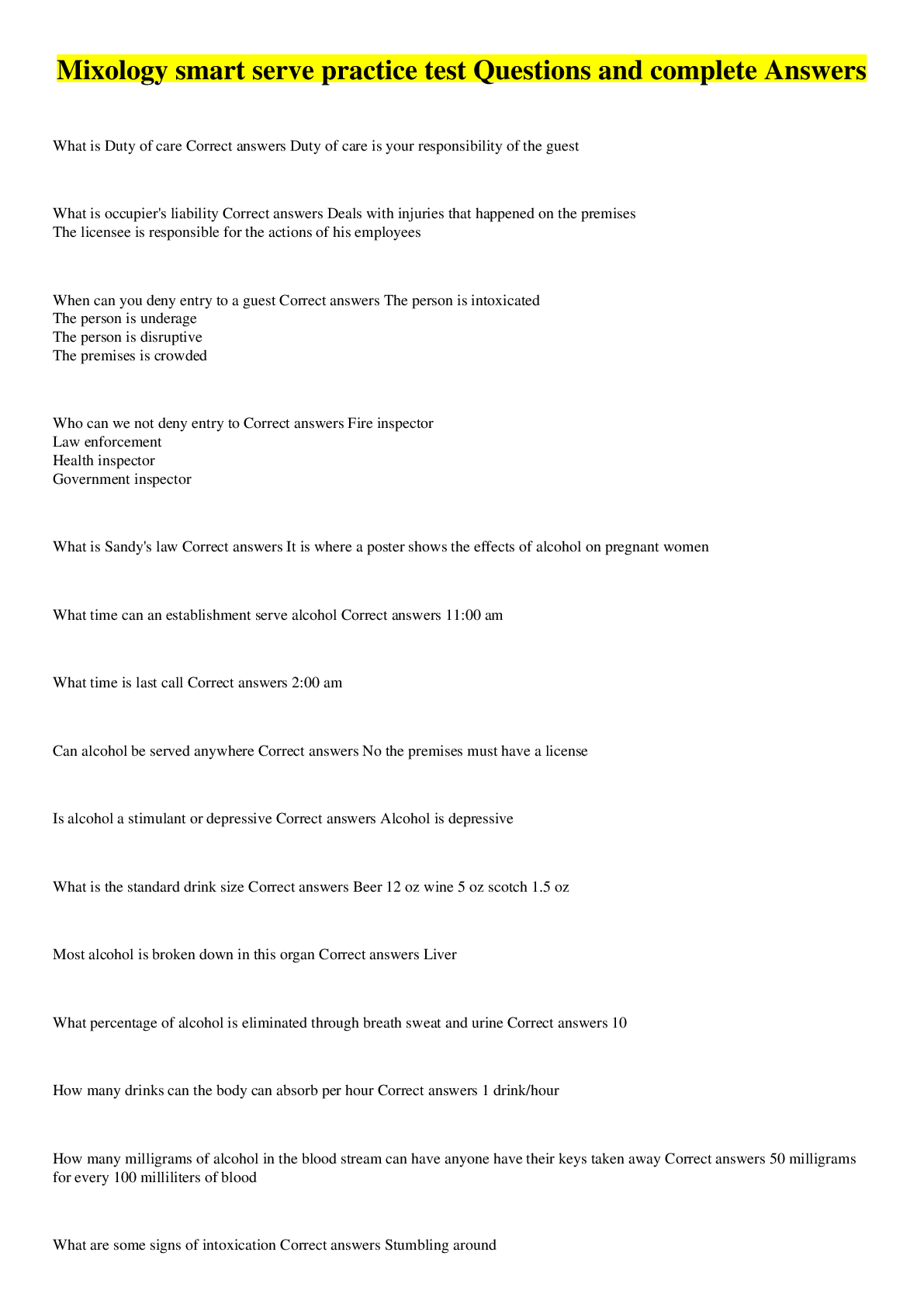 Preview image for Mixology smart serve practice test Questions and complete Answers